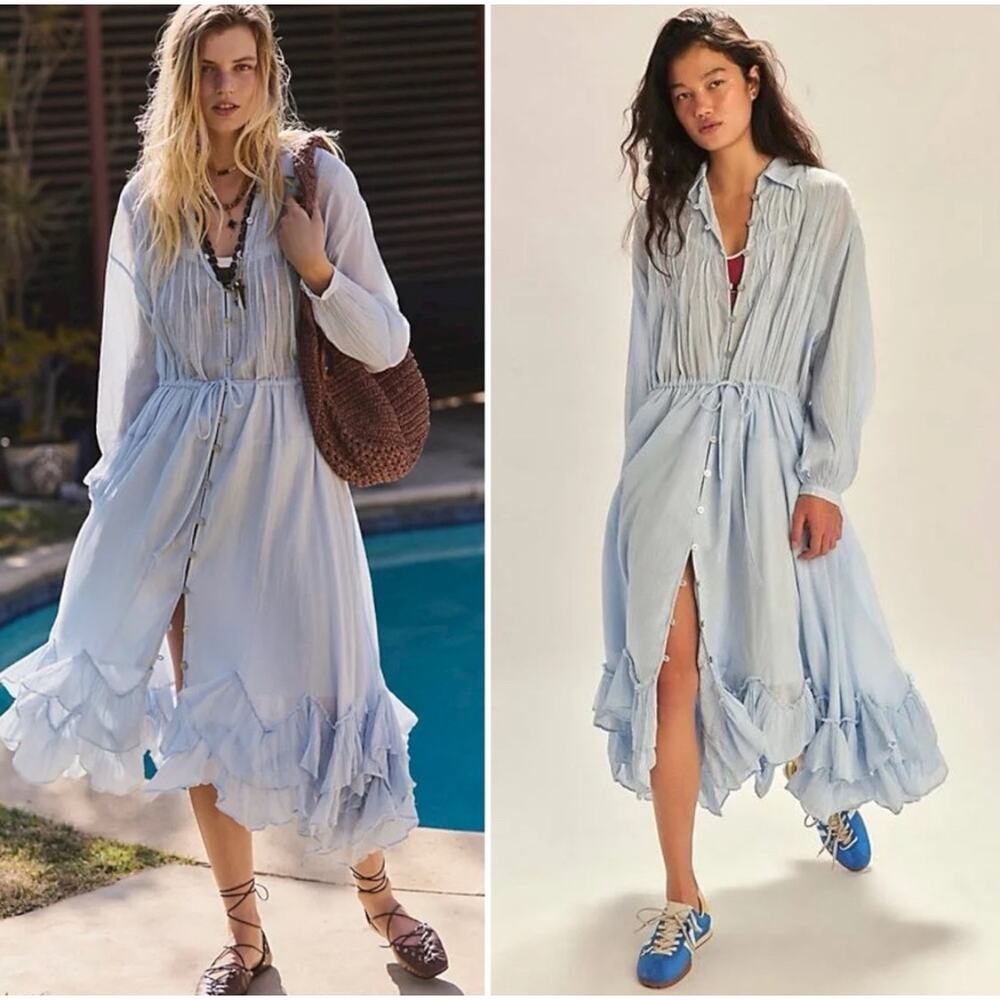 Free People Ethereal Dainty Bohemian Sea La Vie Midi Maxi Dress Duster Blue